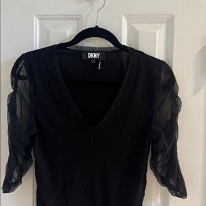 NWOT DKNY Black Deep V-Neck Top w/ Mesh Elbow Length Sleeves